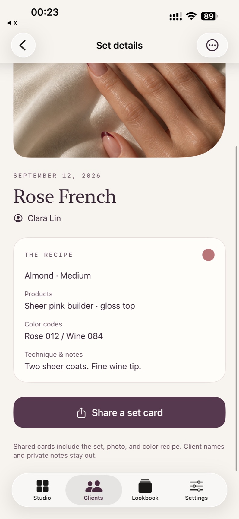 Saved color codes, products and technique in SetMuse
